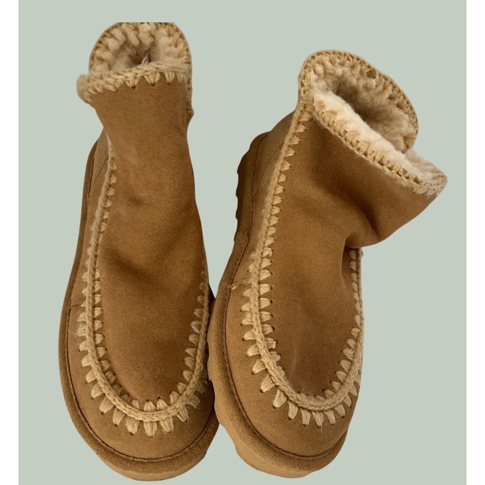 Bearpaw Ankle Boots Suede Whipstitch Crochet Faux Fur Tan Size 10 Boho Comfort